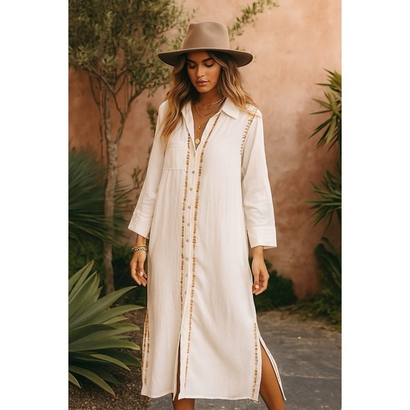 Subtle Luxury Dresses & Skirts - SUBTLE LUXURY Boyfriend White Embroidered Maxi Kaftan Dress S/M